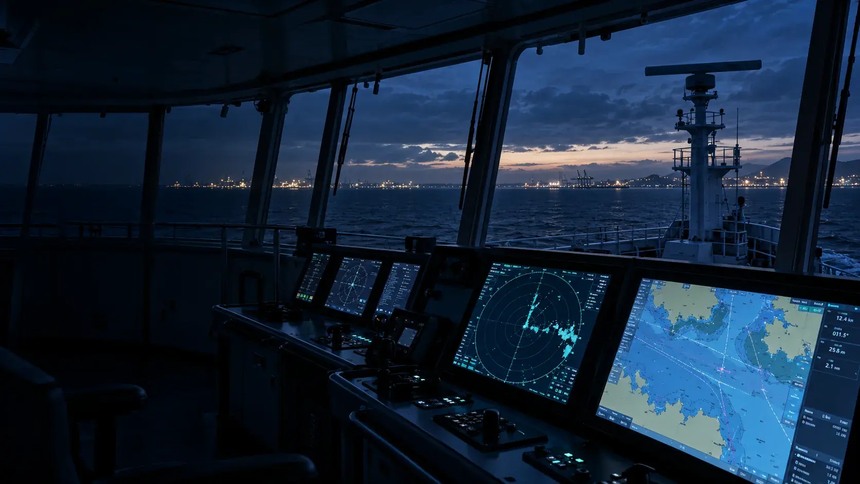 Ship bridge console at dusk showing radar and electronic chart displays, with the radar scanner on the mast outside