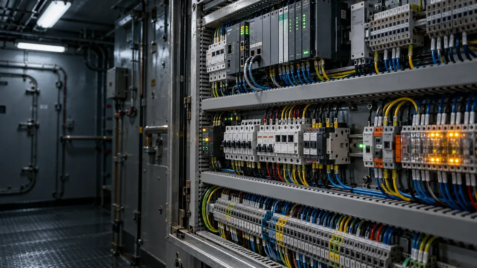 Open marine control cabinet with PLC modules, circuit breakers, and colour-coded wiring on DIN rail