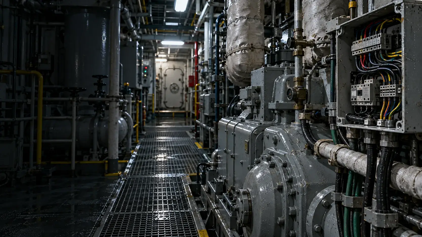 Engine room walkway lined with machinery, insulated pipe runs, and an opened electrical junction box