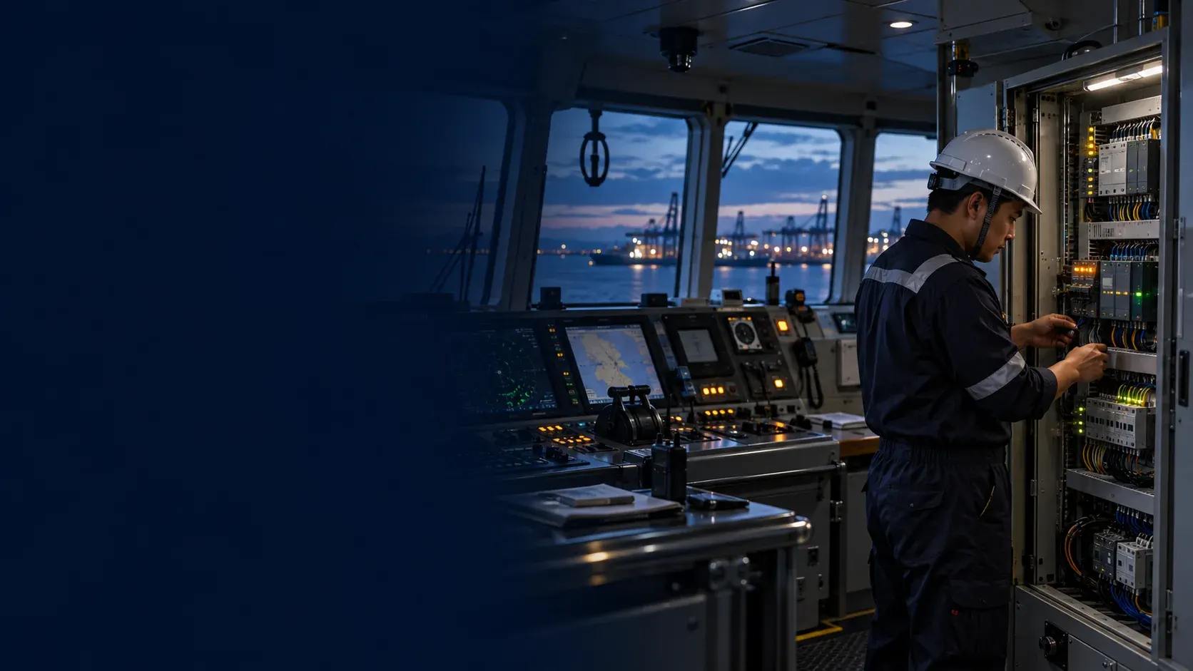 Marine automation engineer inspecting a PLC control cabinet on a ship bridge at dusk