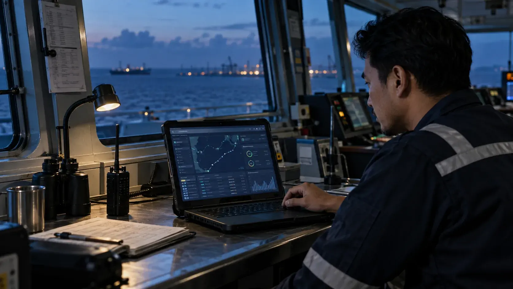 Marine engineer reviewing vessel maintenance and voyage information on a rugged laptop aboard a ship