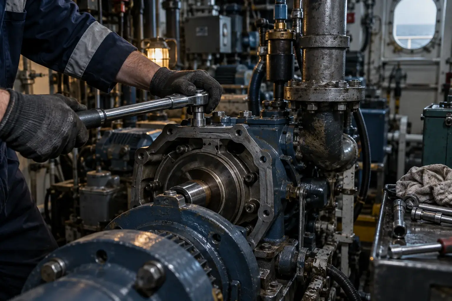Technician using a torque wrench during repair of an opened marine pump assembly