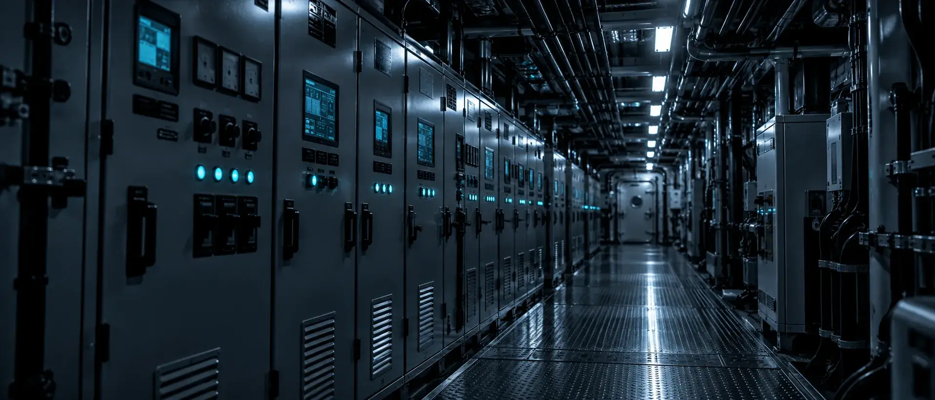 Row of marine switchboard cabinets receding down an equipment room walkway, indicator lamps lit