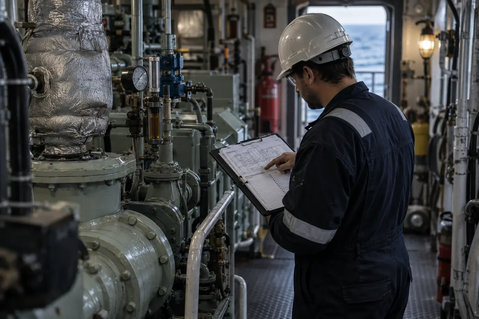 Marine technical consultant reviewing an equipment drawing during an onboard machinery survey