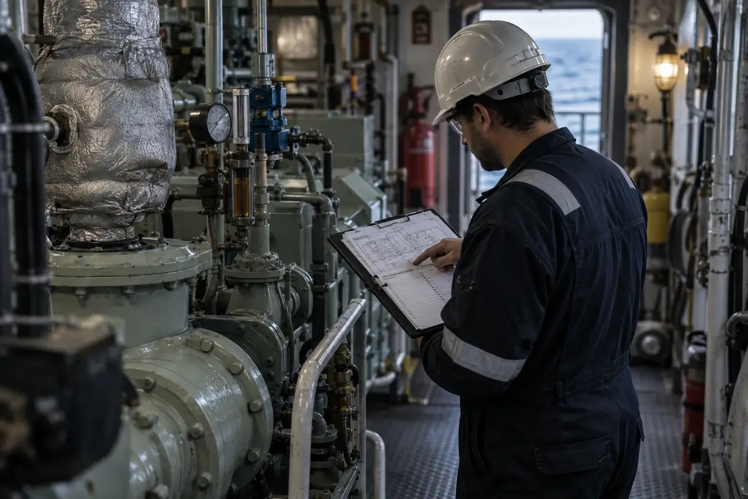 Marine technical consultant reviewing an equipment drawing during an onboard machinery survey